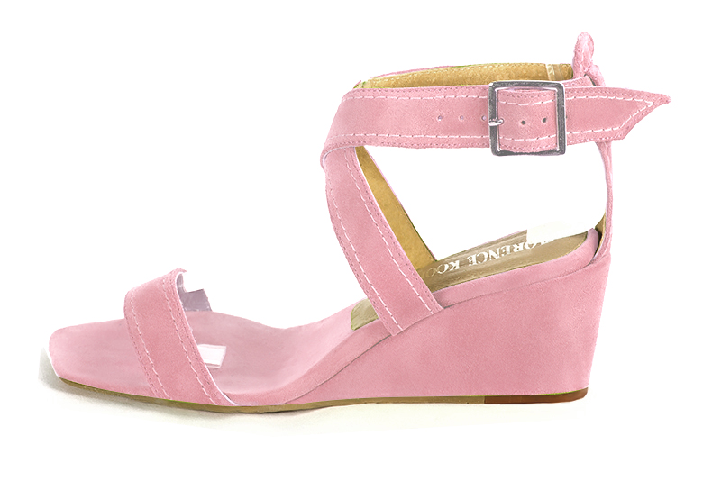 Carnation pink women's fully open sandals, with crossed straps. Square toe. Medium wedge heels. Profile view - Florence KOOIJMAN